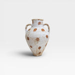 JONES + CO vintage Anatolian olive jar with white limewash and terracotta polka dots. Hand-thrown pottery with aged patina.