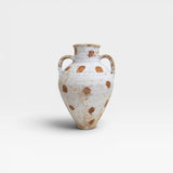 JONES + CO vintage Anatolian olive jar with white limewash and terracotta polka dots. Hand-thrown pottery with aged patina.