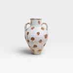 JONES + CO Vintage Anatolian polka dot olive jar in white limewash with terracotta slip dots. Hand-thrown pottery with aged patina.