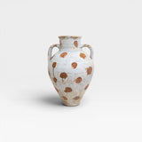 JONES + CO Vintage Anatolian polka dot olive jar in white limewash with terracotta slip dots. Hand-thrown pottery with aged patina.