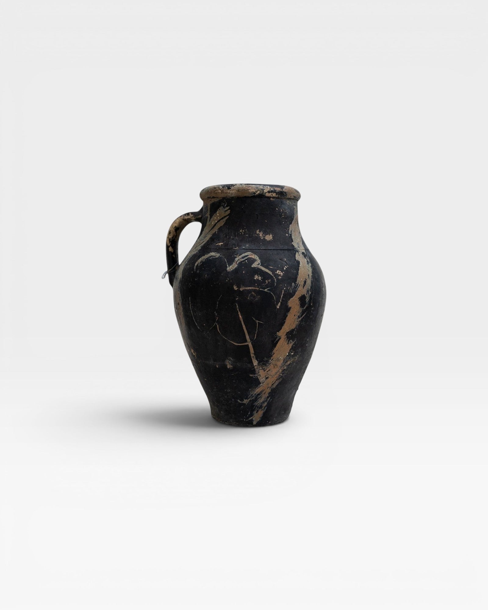 JONES + CO Vintage Turkish pot, black charcoal with beige abstract markings, 10-12 inches