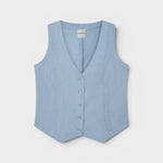 JONES + CO Violette Vest in baby blue heavyweight linen with Italian buttons. Sleeveless V-neck vest.