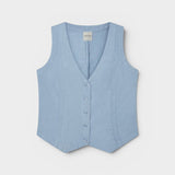 JONES + CO Violette Vest in baby blue heavyweight linen with Italian buttons. Sleeveless V-neck vest.