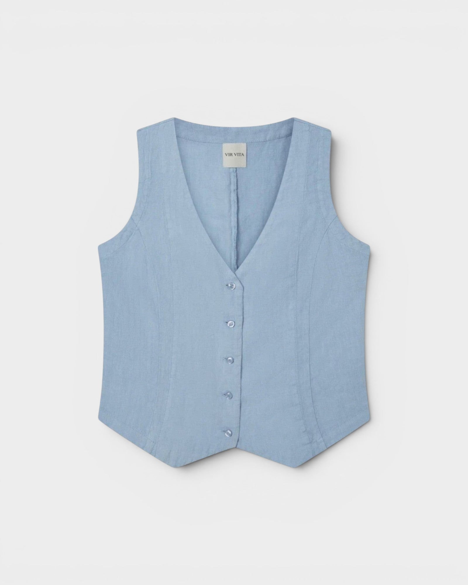 JONES + CO Violette Vest in baby blue heavyweight linen with Italian buttons. Sleeveless V-neck vest.