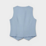 JONES + CO Violette Vest in baby blue heavyweight linen with Italian handcrafted buttons. Timeless, sophisticated sleeveless vest.