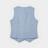 JONES + CO Violette Vest in baby blue heavyweight linen with Italian handcrafted buttons. Timeless, sophisticated sleeveless vest.