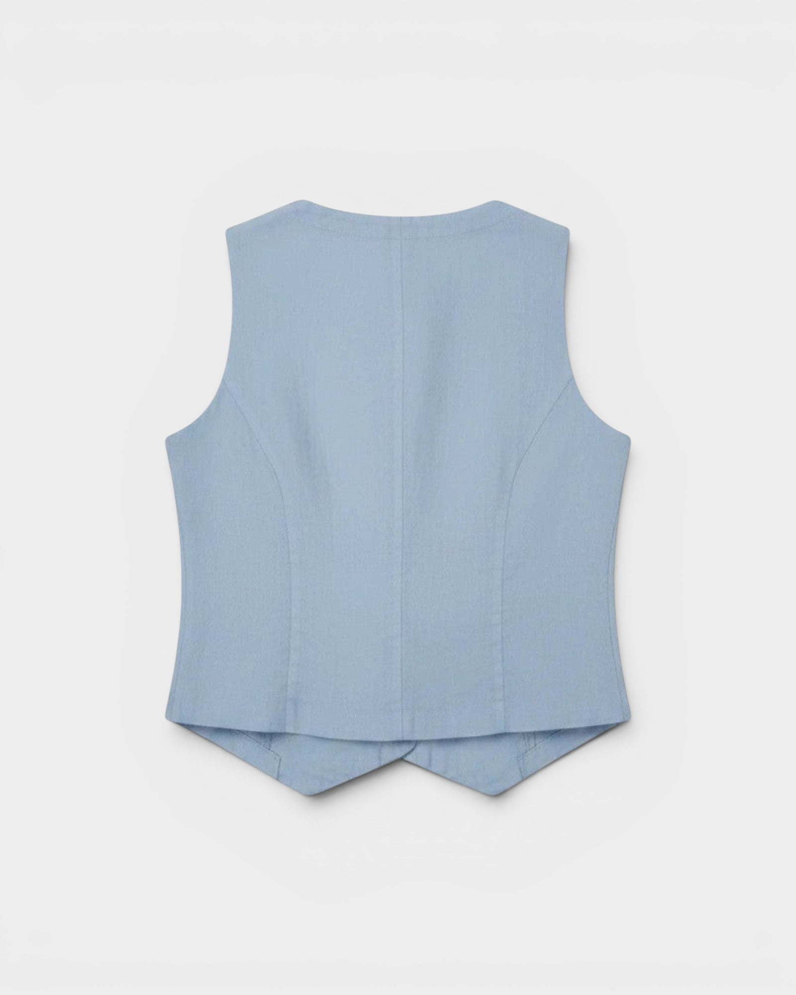 JONES + CO Violette Vest in baby blue heavyweight linen with Italian handcrafted buttons. Timeless, sophisticated sleeveless vest.