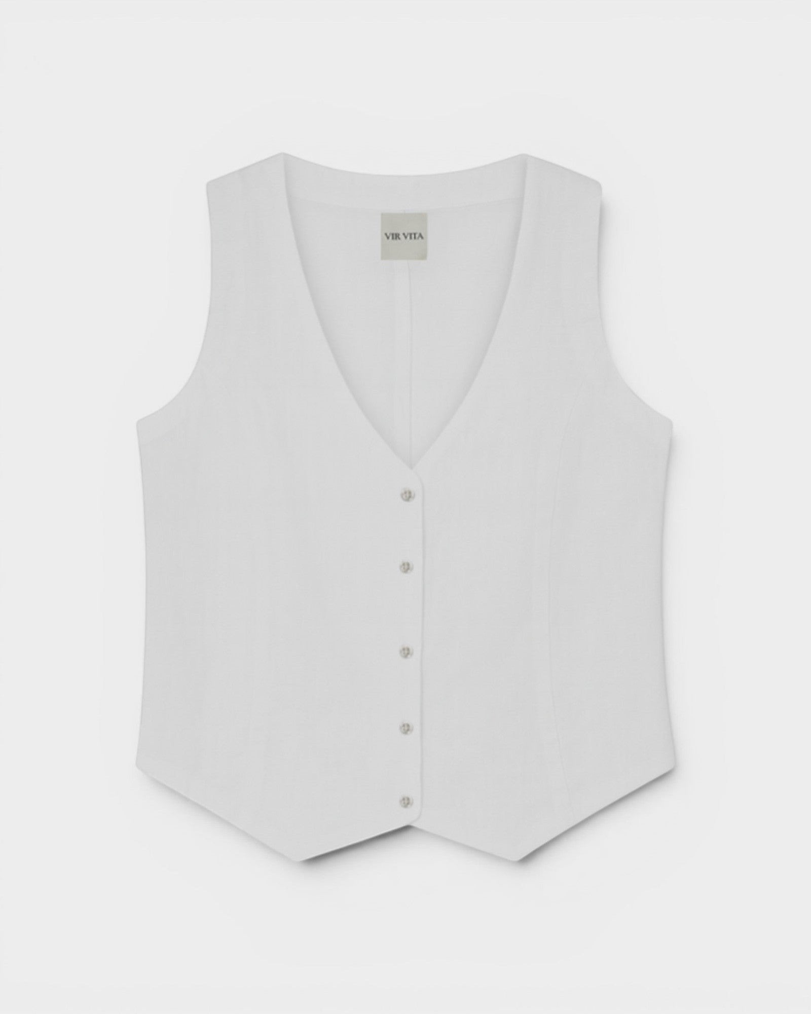 JONES + CO Violette Vest in white heavyweight linen with Italian handcrafted buttons. Sleeveless V-neck vest.