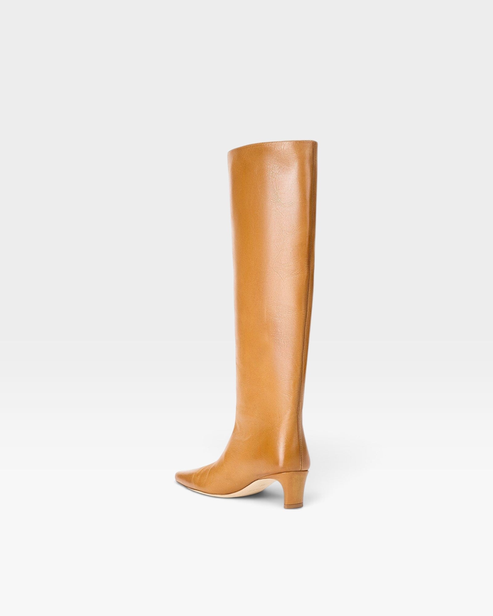 JONES + CO Wally knee-high boot in cashew distressed leather with a pointed toe and slim block heel, side view.
