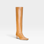 JONES + CO Wally knee-high boot in cashew distressed leather with a pointed toe and slim block heel.