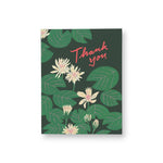 JONES + CO Water Lilies thank you greeting card with pink script text on a dark green background with floral art