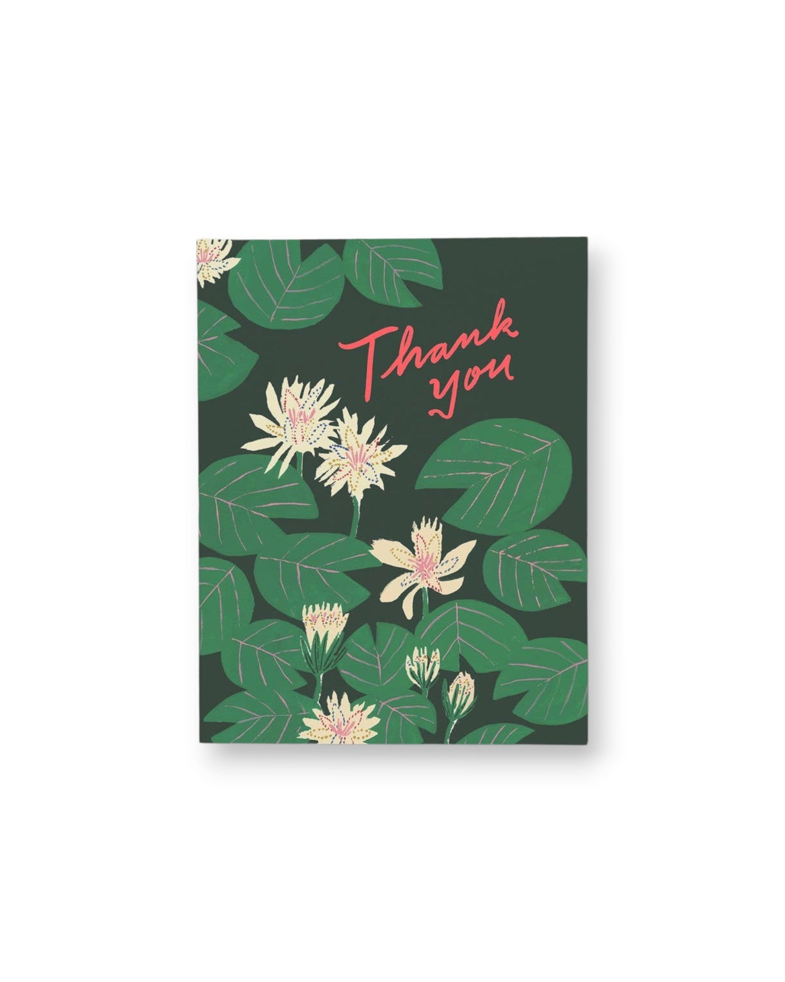 JONES + CO Water Lilies thank you greeting card with pink script text on a dark green background with floral art