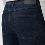 JONES + CO Wera dark blue denim jeans featuring a back leather patch detail and classic pocket stitching