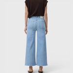 JONES + CO Wera light blue super-stretch denim jeans with a high waist and cropped relaxed fit, back view.