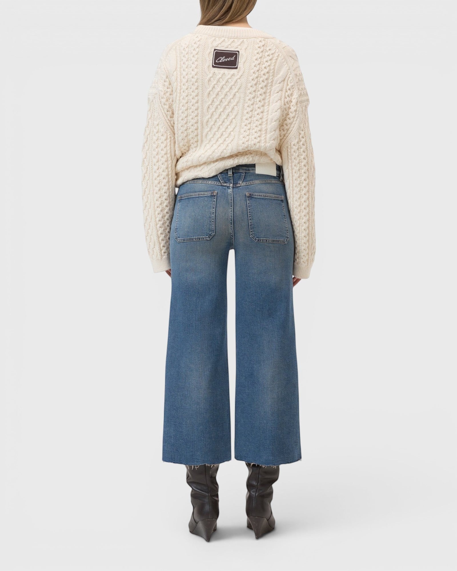 JONES + CO Wera mid blue denim culotte jeans with wide leg, high waist, and iconic X-pockets, back view