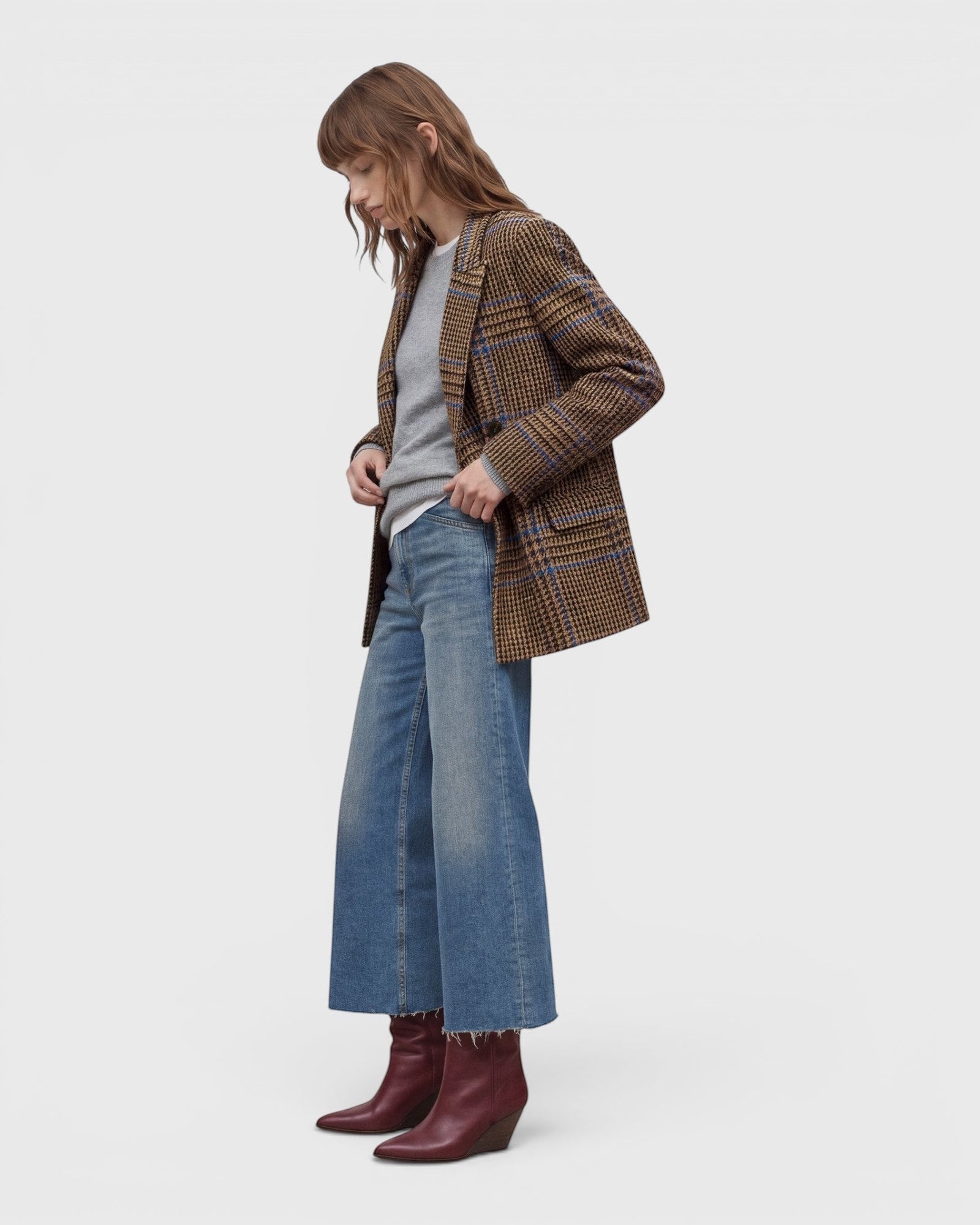 JONES + CO Wera mid blue denim jeans with a wide-leg culotte silhouette and high waist worn with a plaid blazer