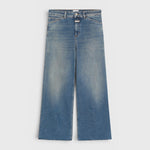 JONES + CO Wera mid blue denim jeans with a high waist, wide leg, cropped culotte length, and iconic X-pockets.