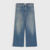 JONES + CO Wera mid blue denim jeans with a high waist, wide leg, cropped culotte length, and iconic X-pockets.