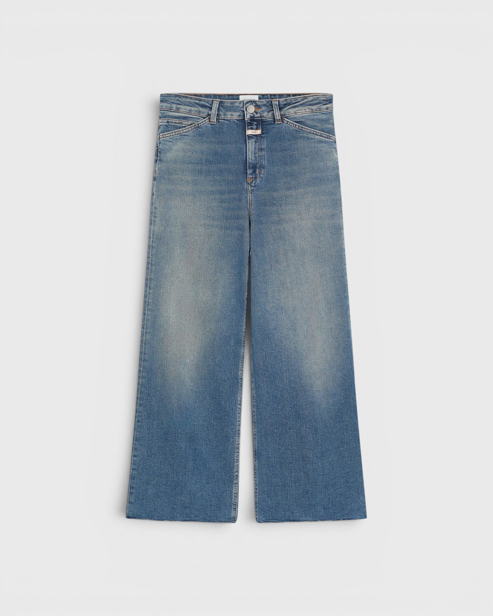 JONES + CO Wera mid blue denim jeans with a high waist, wide leg, cropped culotte length, and iconic X-pockets.