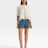 JONES + CO white 100% Pima cotton lawn blouse with boat neck, crochet trim, and puff sleeves.