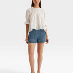 JONES + CO white 100% Pima cotton lawn blouse with boat neck, crochet trim, and puff sleeves.