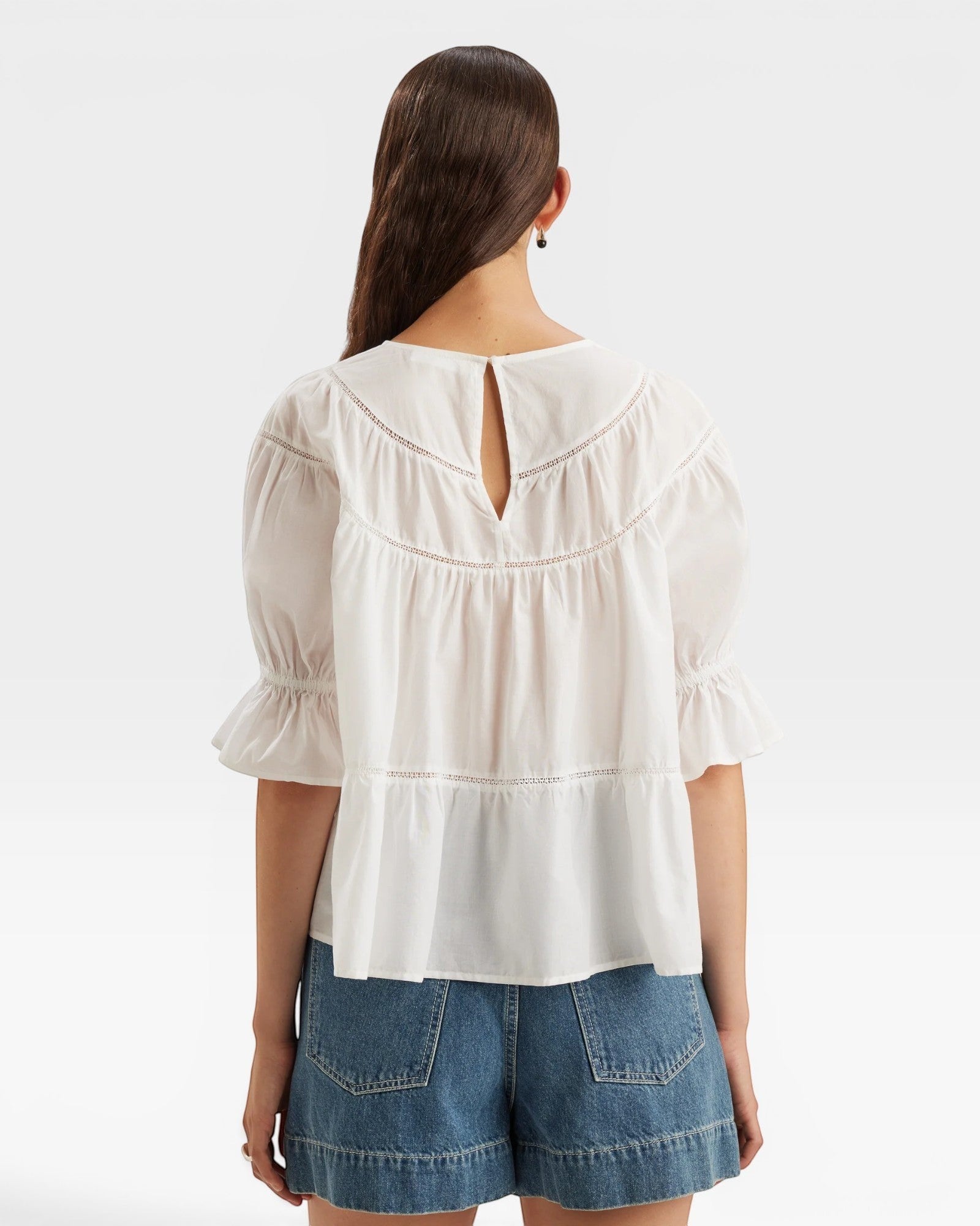 JONES + CO white 100% Pima cotton lawn Sol top with crochet lace trim, puff sleeves, and tiered silhouette.