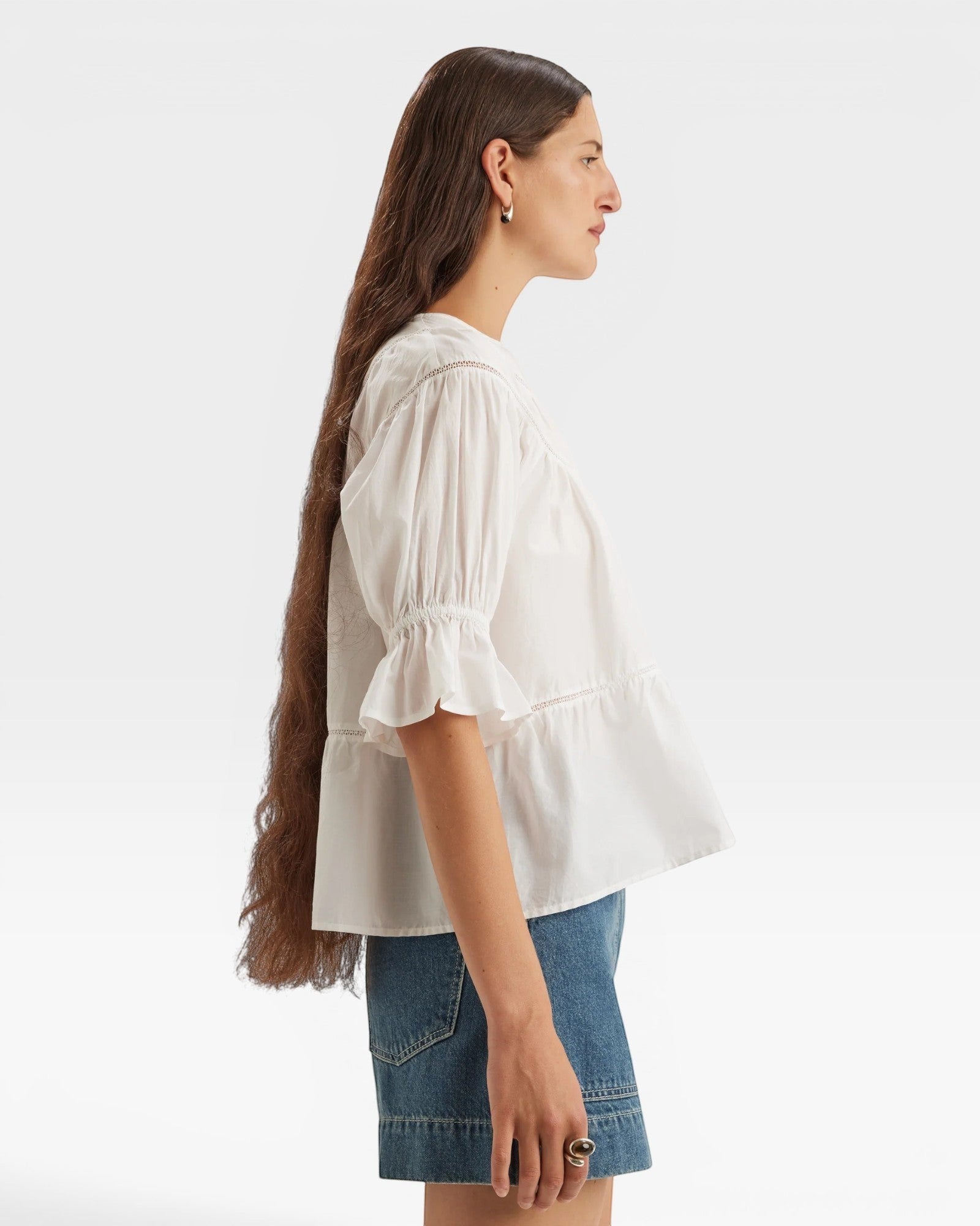 JONES + CO white 100% Pima cotton lawn Sol top with boat neck, crochet trim, puff sleeves, and ruffle cuffs.