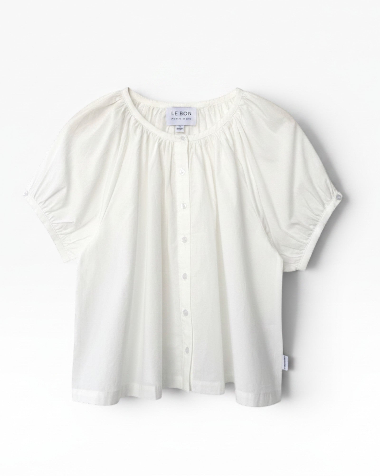 JONES + CO white 100% cotton shirred detail puff sleeve button-front top