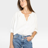 JONES + CO white cotton Julienne long sleeve top with keyhole neckline and raglan sleeves