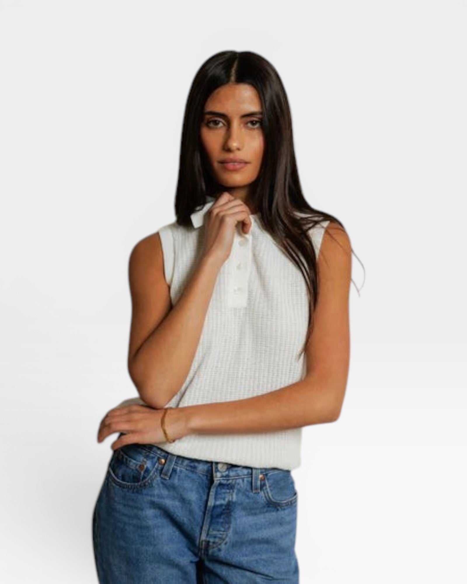JONES + CO white pointelle knit sleeveless polo tank with ribbed hem and button detail.