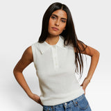 JONES + CO white sleeveless pointelle knit polo tank top with ribbed hem