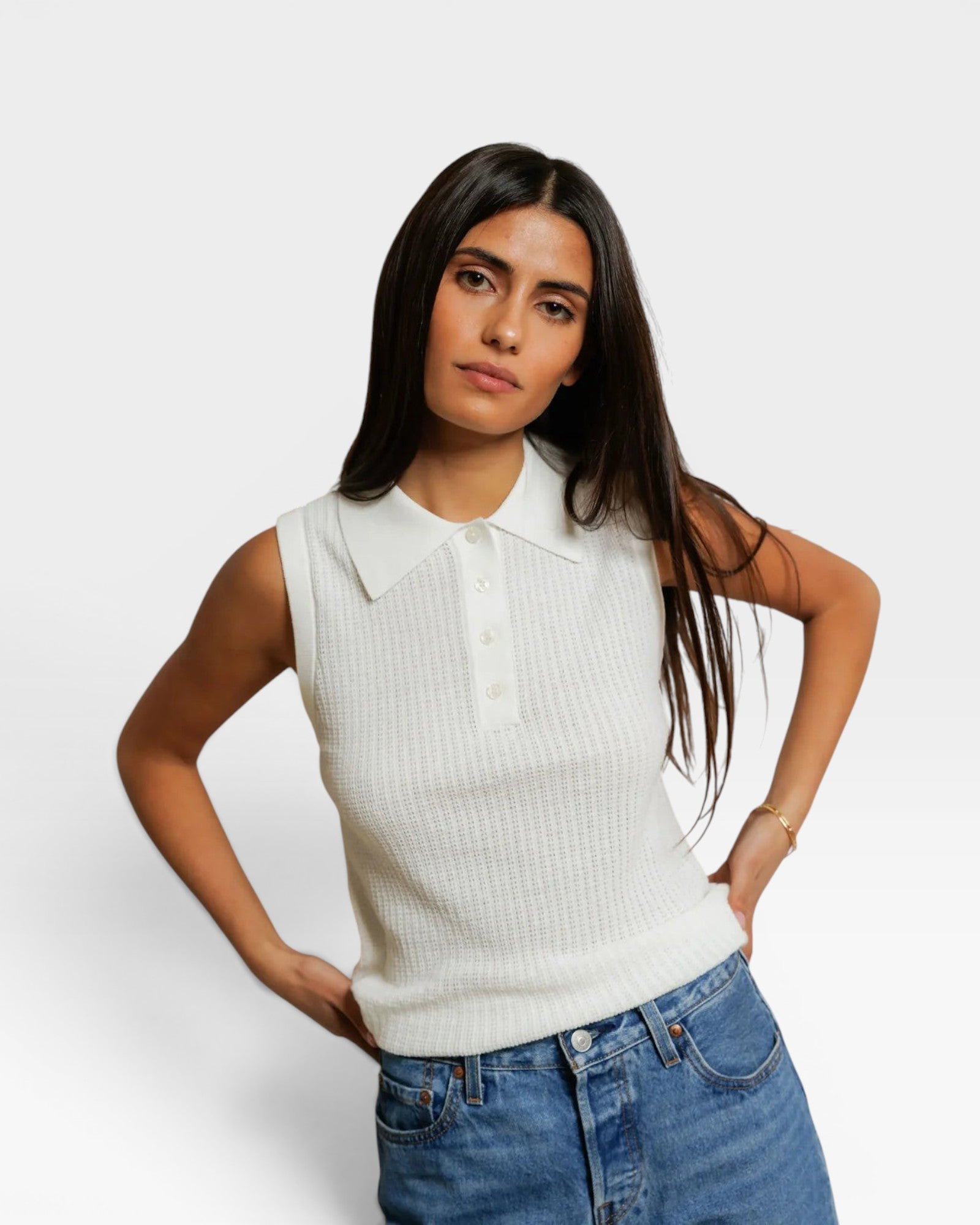 JONES + CO white sleeveless pointelle knit polo tank top with ribbed hem