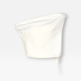 JONES + CO white one-shoulder Farfalla top in sculptural Italian Foam fabric with gathered shoulder and drawstring