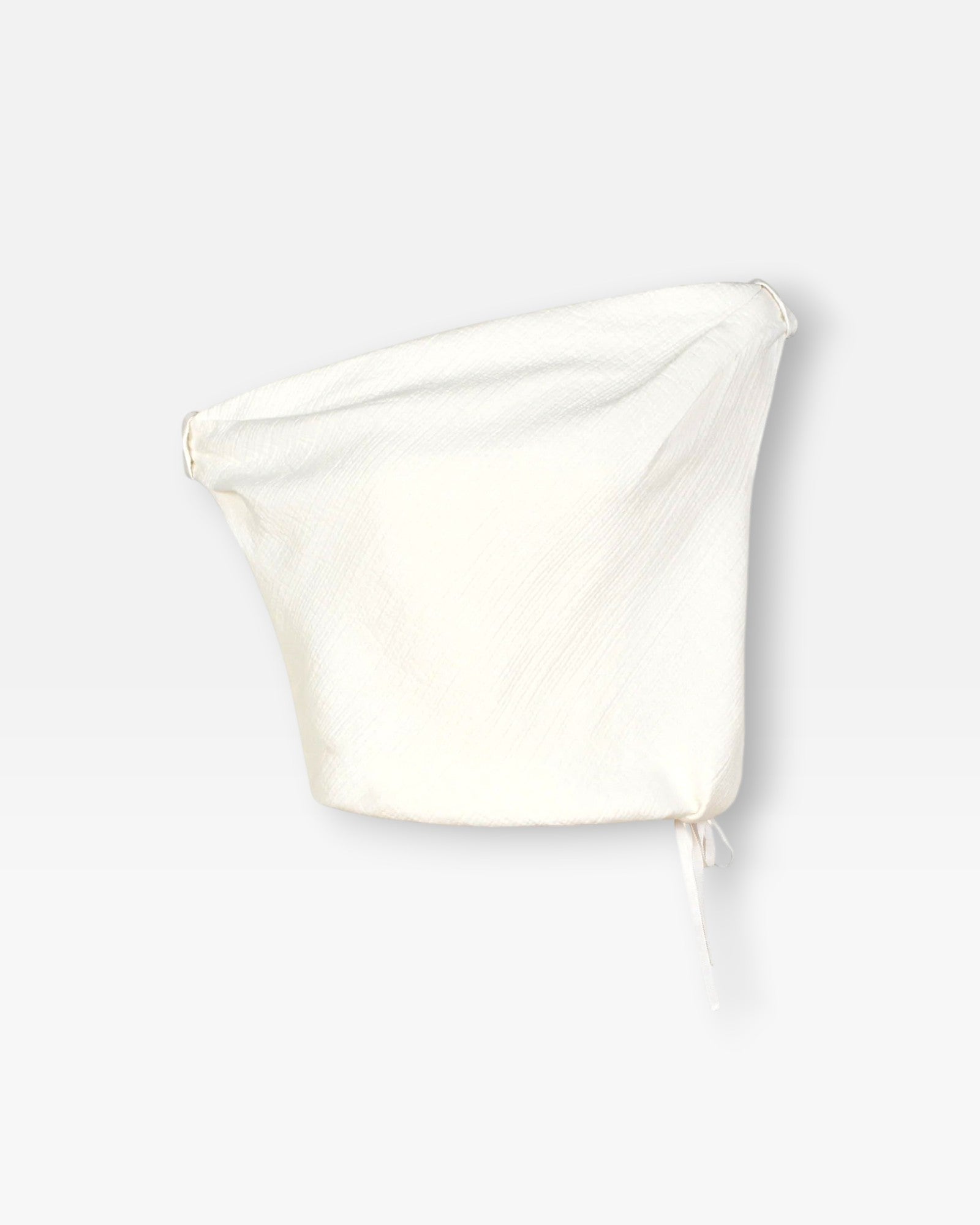 JONES + CO white one-shoulder Farfalla top in sculptural Italian Foam fabric with gathered shoulder and drawstring