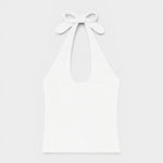 JONES + CO white ribbed halter top with a bow tie closure at the neck. Soft modal fabric.