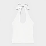 JONES + CO white ribbed halter top with a bow tie closure at the neck. Soft modal fabric.