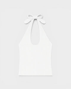 JONES + CO white ribbed halter top with a bow tie closure at the neck. Soft modal fabric.