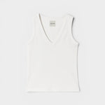 JONES + CO white ribbed knit V-neck tank top with a close, fluid fit.