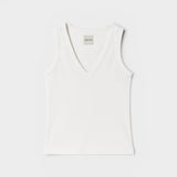 JONES + CO white ribbed knit V-neck tank top with a close, fluid fit.