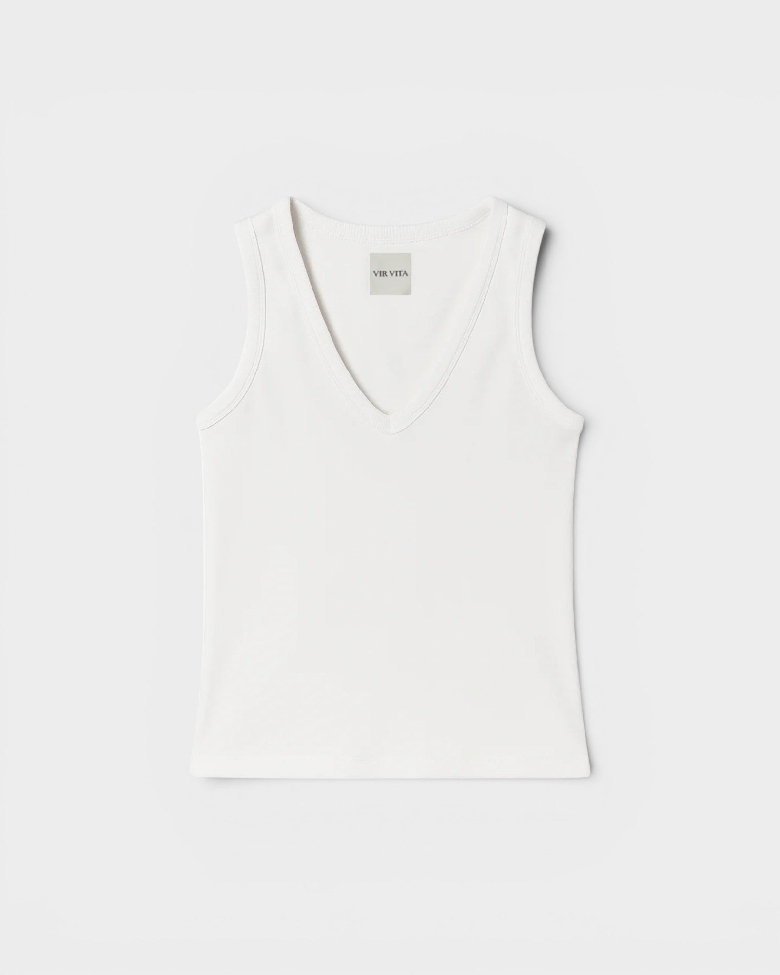 JONES + CO white ribbed knit V-neck tank top with a close, fluid fit.