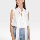JONES + CO white sleeveless blouse with tie-neck detail, lightweight fabric, and flattering silhouette.