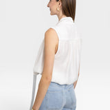 JONES + CO white sleeveless blouse with tie-neck detail, lightweight fabric, and a flattering silhouette.