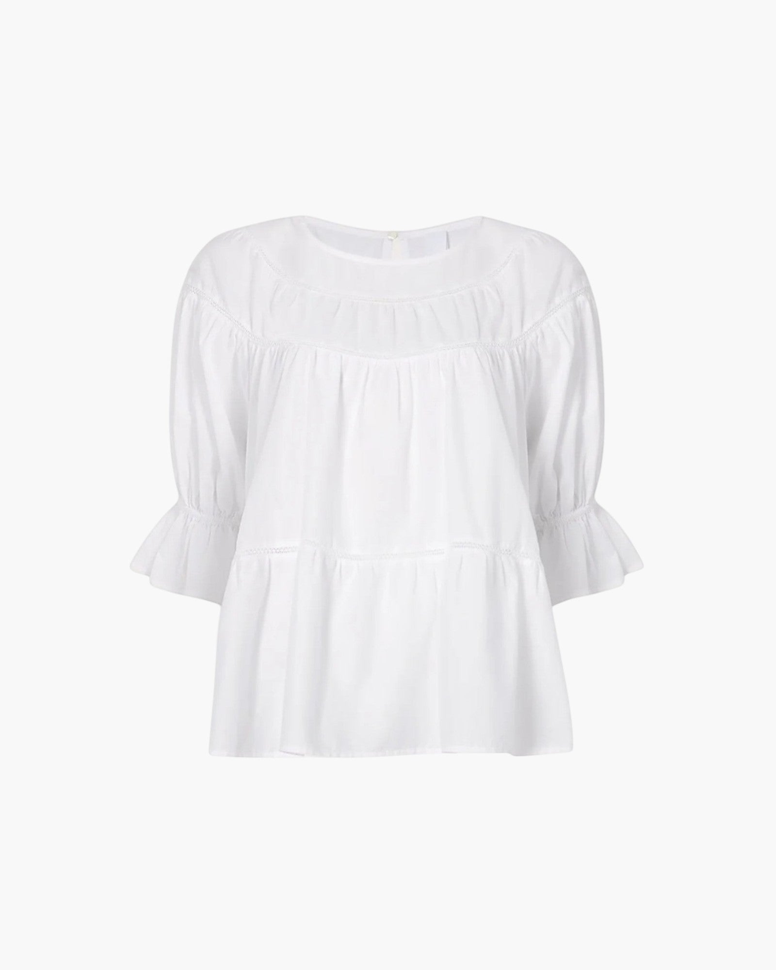 JONES + CO white 100% Pima cotton lawn Sol Top blouse with boat neck, crochet trim, and puff sleeves with ruffled cuffs.