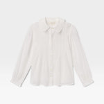 JONES + CO white voile Francesca blouse featuring an oversized point collar, pintucked placket, and ruffled cuffs.