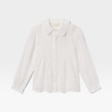 JONES + CO white voile Francesca blouse featuring an oversized point collar, pintucked placket, and ruffled cuffs.