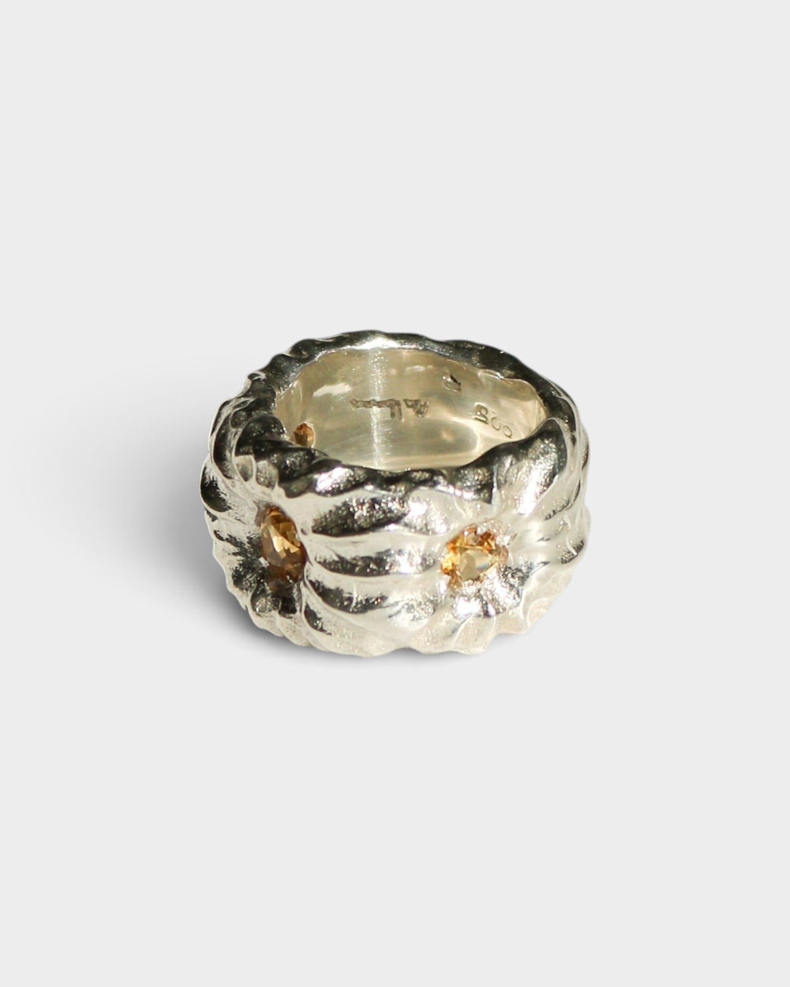JONES + CO Willow chunky sterling silver ring with citrine stones, featuring a sculptural handmade texture.