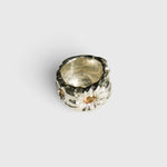 JONES + CO Willow chunky sterling silver ring with a textured sculptural finish and a central citrine gemstone.