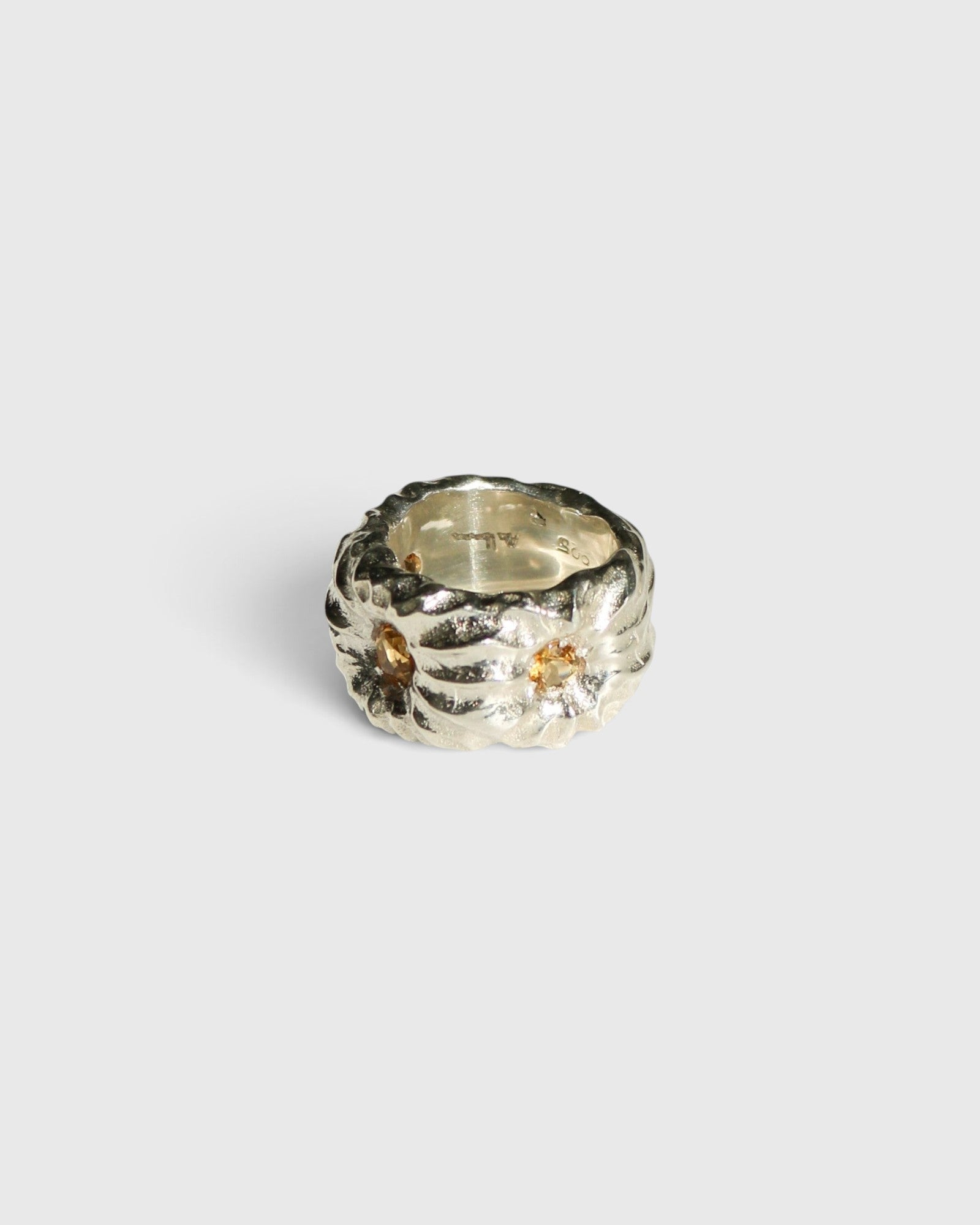 JONES + CO Willow ring in chunky .925 sterling silver with a sculptural texture and embedded citrine gemstones.