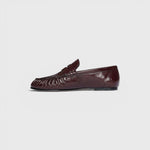 JONES + CO Sydney wine red crinkle patent leather penny loafer with ruched detailing on a flat sole
