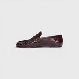 JONES + CO Sydney wine red crinkle patent leather penny loafer with ruched detailing on a flat sole